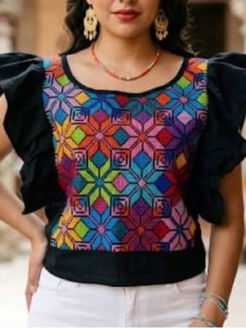 Mexican Boho Black Top with Multicolor Embroidered Front Panel Puff Sleeves Sz M